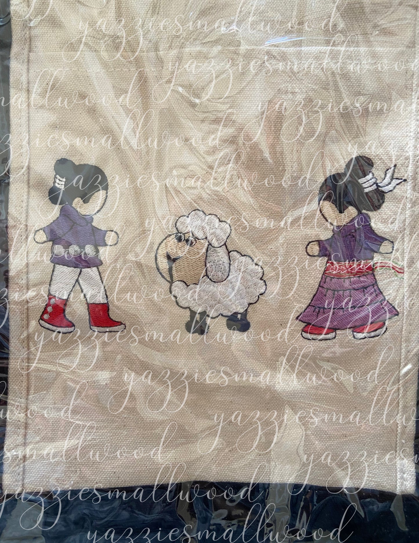 Navajo boy and girl in Traditional Attire with their sheep tote
